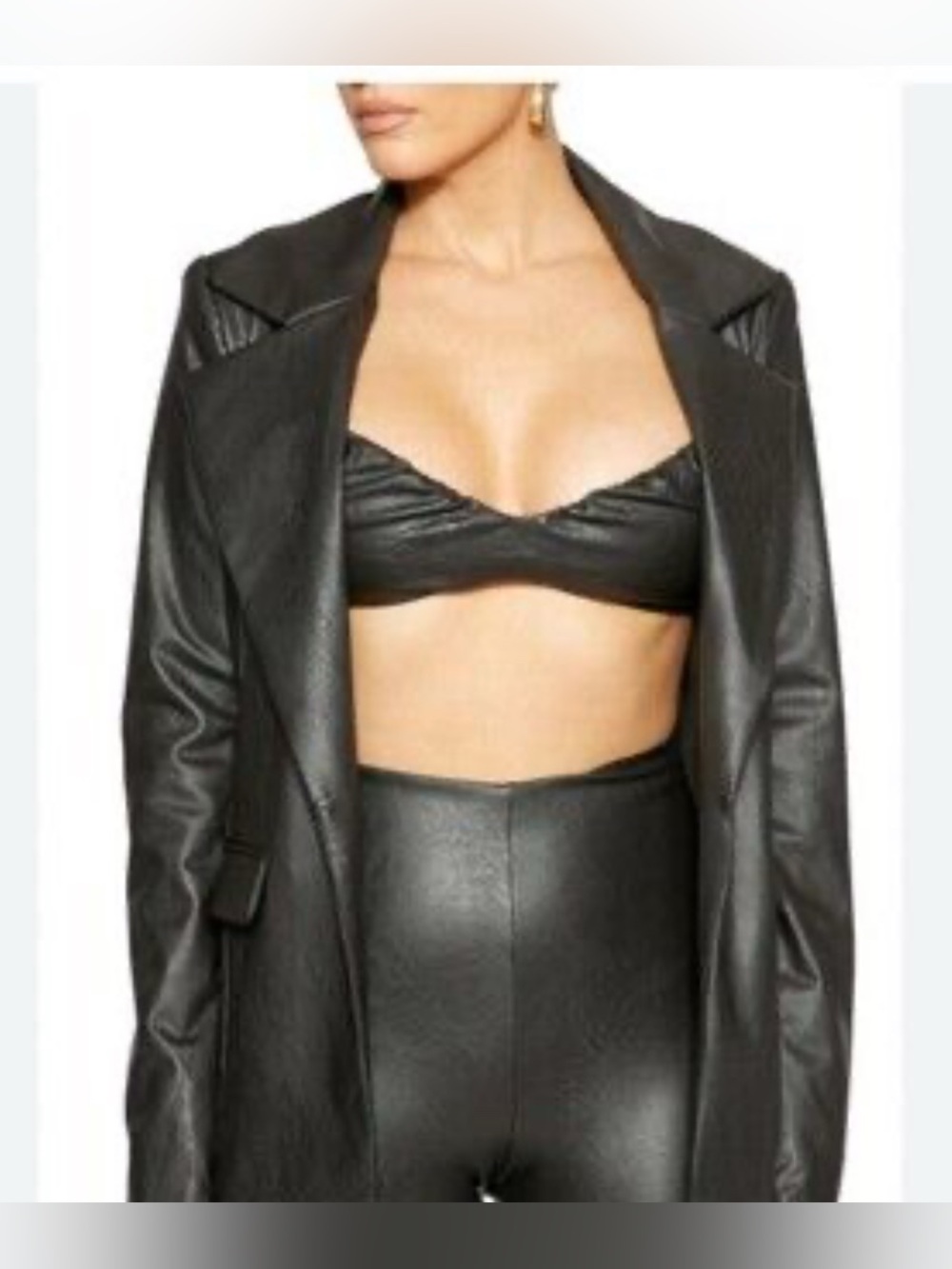 Naked Wardrobe Women’s  Faux Leather Blazer Flap Pockets Black Size Large